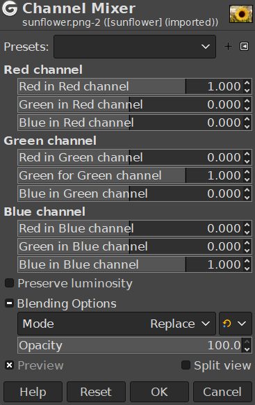 «Channel Mixer» command options