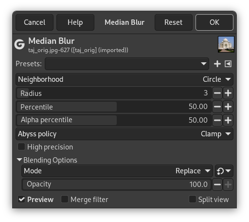 „Median“ filter parameters