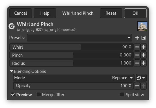 „Whirl and Pinch“ filter options