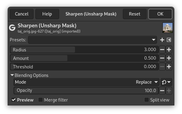 „Sharpen“ filter options