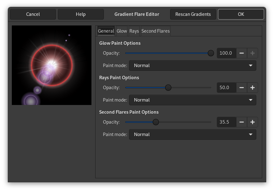 „Gradient Flare Editor“ options (General)