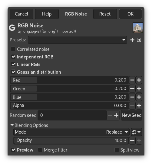 „RGB Noise“ filter options