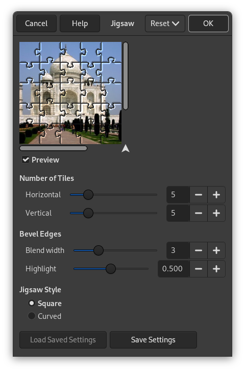 „Jigsaw“ filter options