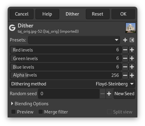 Dither filter dialog