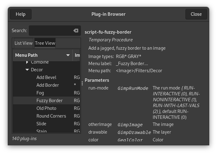 The tree view of the „Plug-In Browser“ dialog window