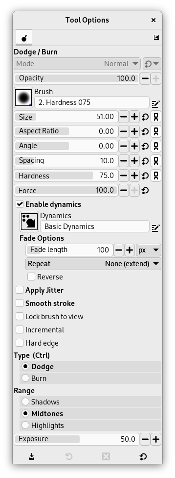 „Dodge/Burn“ tool options