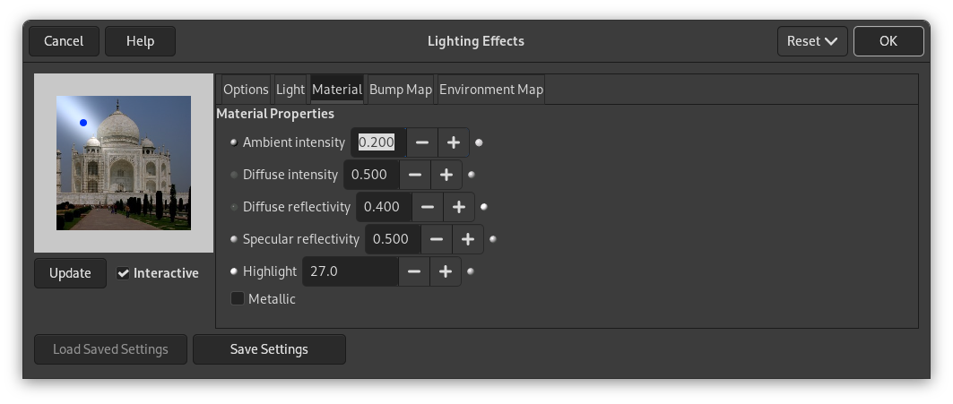 Opcions del filtre «Efectes de llum» (Propietats del material)