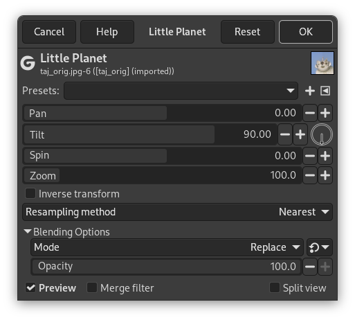 Opcions del filtre «Planeta petit»