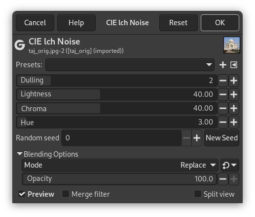 Opcions del filtre «Soroll CIE lch»