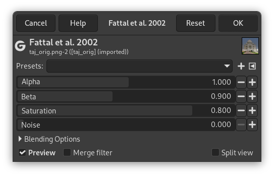 Opcions del diàleg del filtre «Fattal et al. 2002»