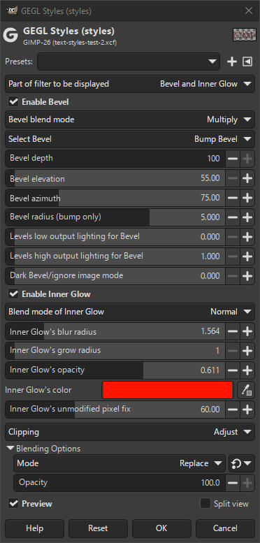 „Bevel and Inner Glow“ filter options