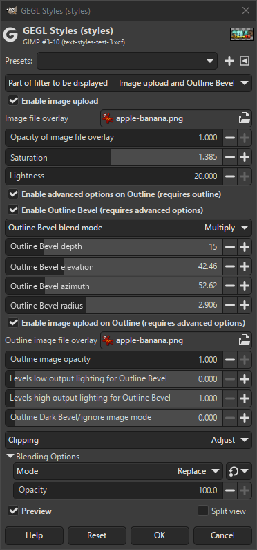 „Image upload and Outline Bevel“ filter options