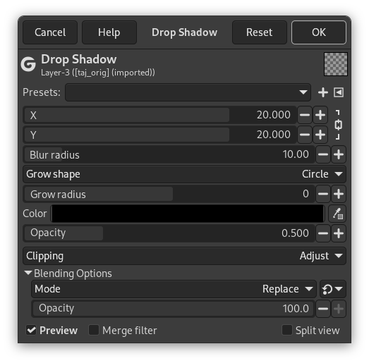 „Drop Shadow“ filter options