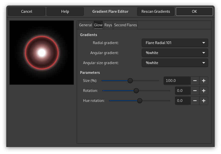 „Gradient Flare Editor“ options (Glow)