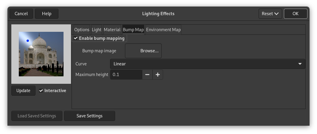 „Lighting“ filter options (Bump Map)