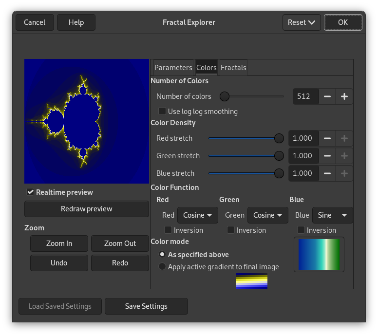 „Fractal Explorer“ filter options (Colors)