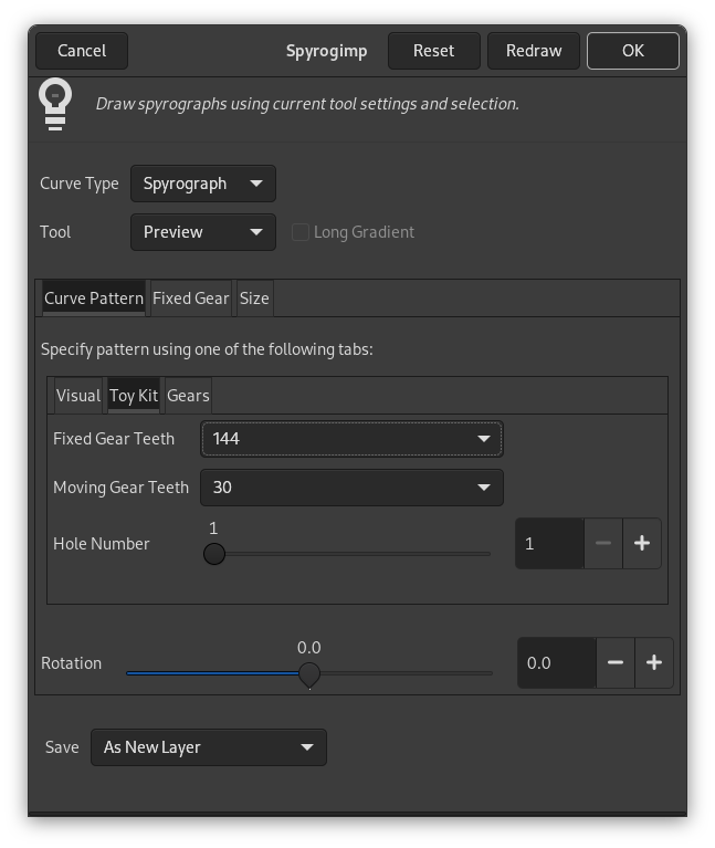 „Spyrogimp“ filter options (Curve Pattern)