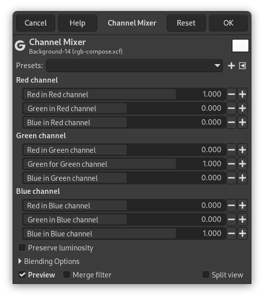 „Channel Mixer“ command options