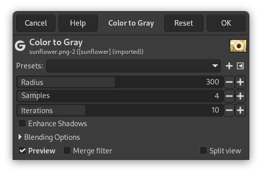 „Color to Gray“ settings