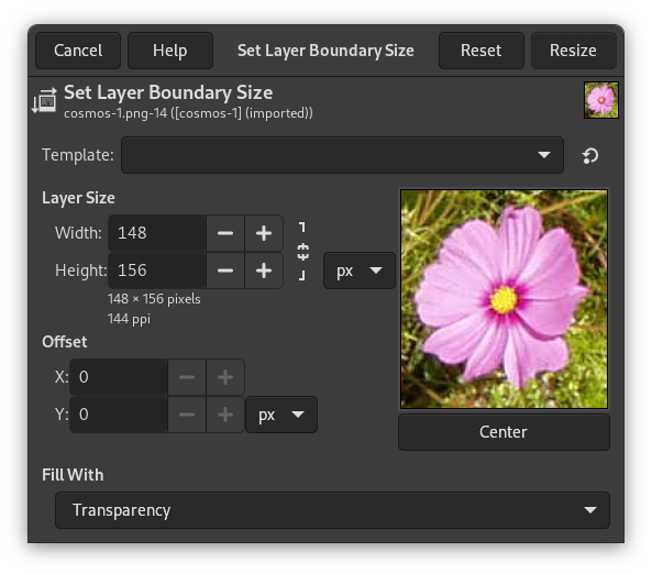 The „Layer Boundary Size“ Dialog