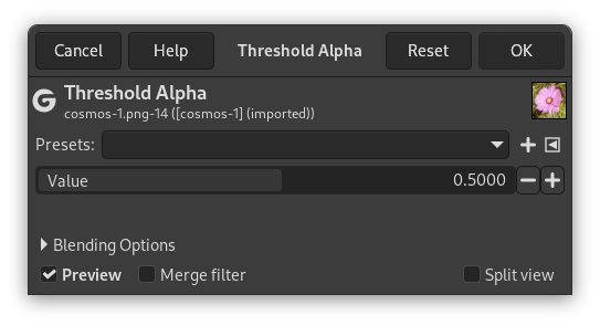 The „Threshold Alpha“ filter options dialog