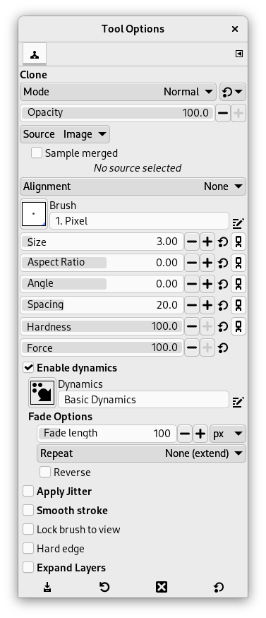 Mode; Opacity; Brush; Pressure Sensitivity, Fade out, Apply Jitter, Hard Edges