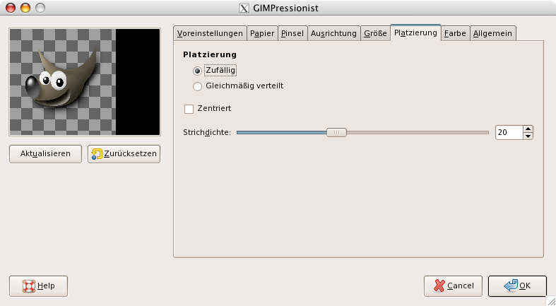 Eigenschaften (Platzierung) für das Filter „GIMPressionist“