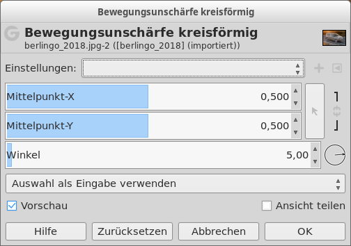 Eigenschaften für das Filter „Bewegungsunschärfe kreisförmig“