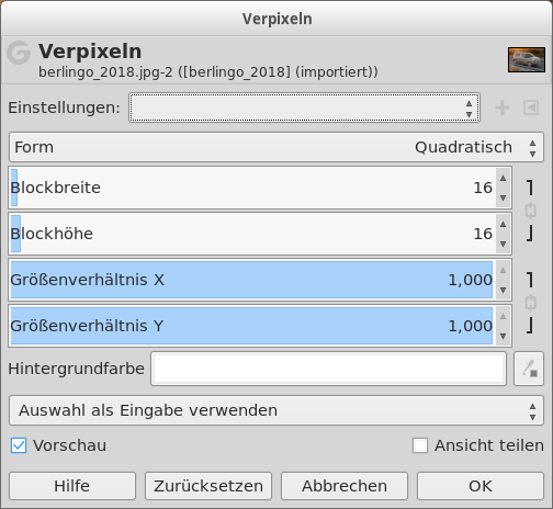 Eigenschaften für das Filter „Verpixeln“
