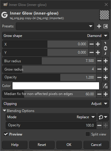 „Inner Glow“ filter options