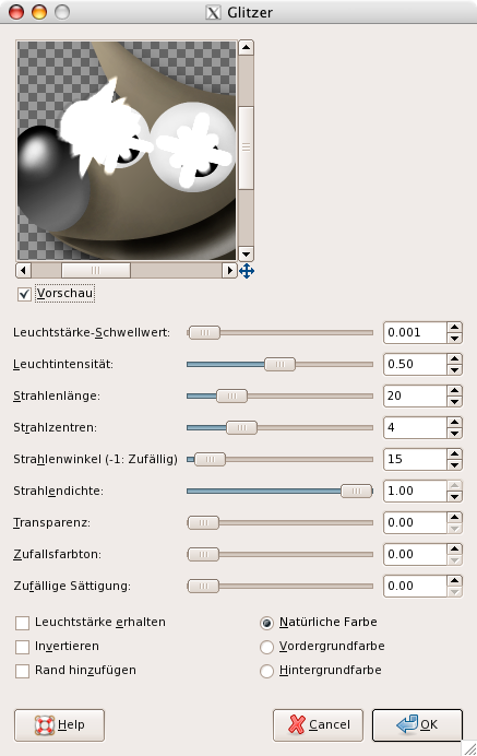 Eigenschaften für das Filter »Glitzern«