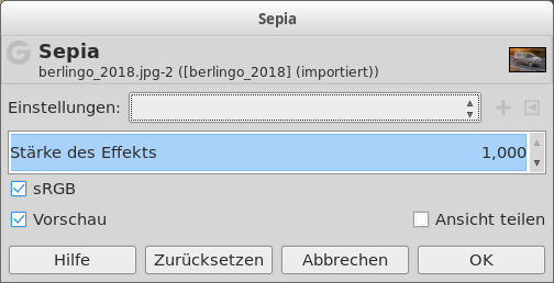 Eigenschaften des Filters »Sepia«