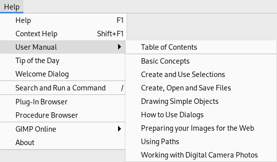 The „User Manual“ submenu of the Help menu