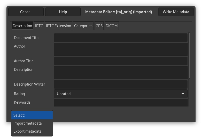 „Metadata Editor“ dialog