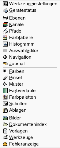 „Add tab“ submenu