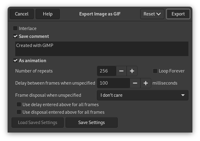 The GIF Export dialog