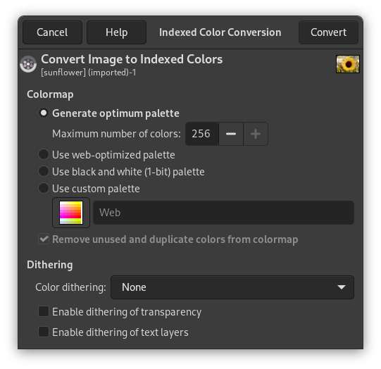 The “Convert Image to Indexed Colors” dialog