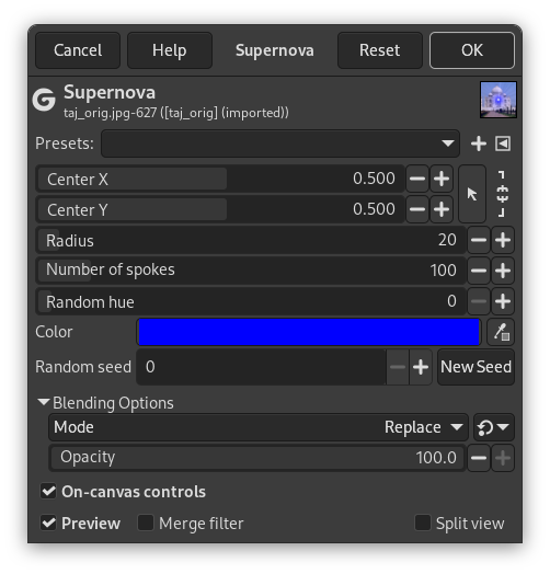 “Supernova” filter options