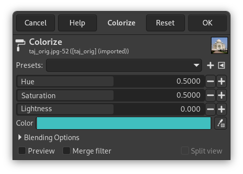 Colorize filter dialog