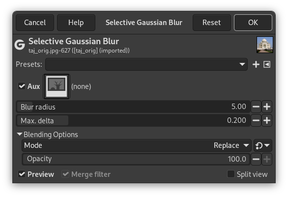 ”Selective Gaussian” suotimen parametrien asetukset