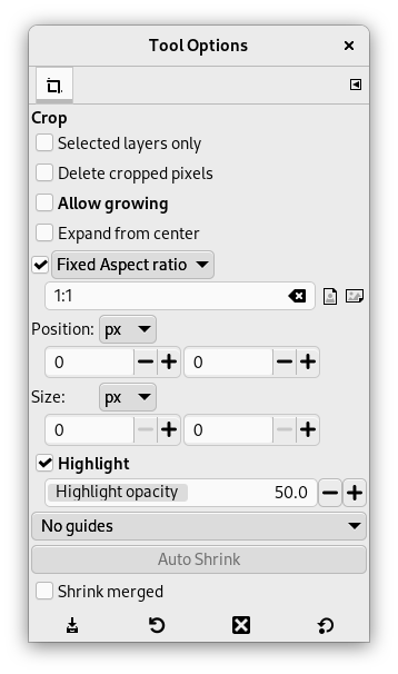 Tool Options for the ”Crop” tool