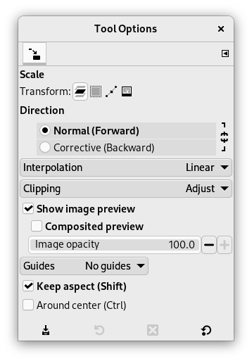 Tool options for the Scale tool