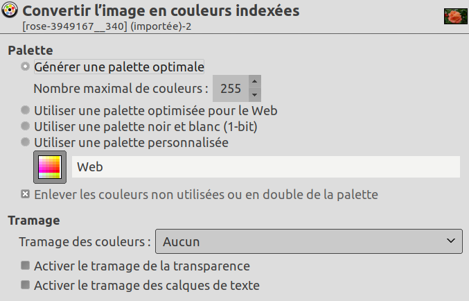 La fenêtre de dialogue « Convertir l’image en couleurs indexées »