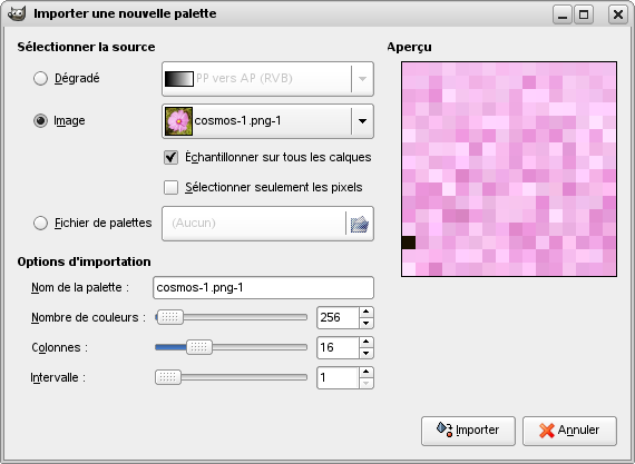 Le dialogue Importer une palette