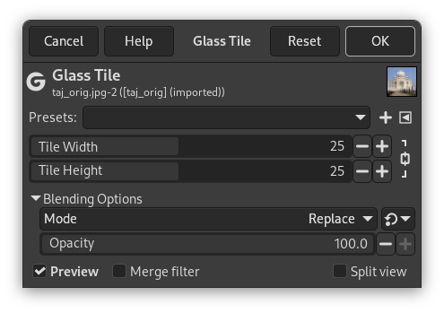 Options du filtre « Carreaux de verre »