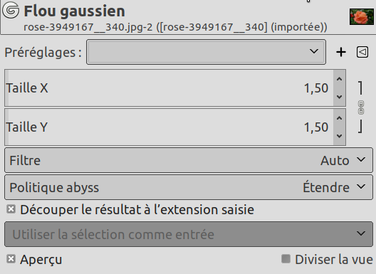 Paramètres du filtre« Flou Gaussien »