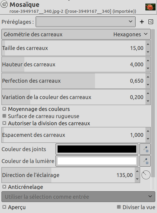 Options du filtre « Mosaïque »