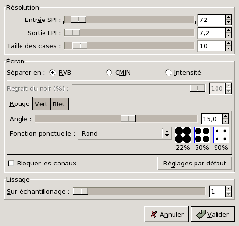 Options du filtre « Trame d’imprimerie »