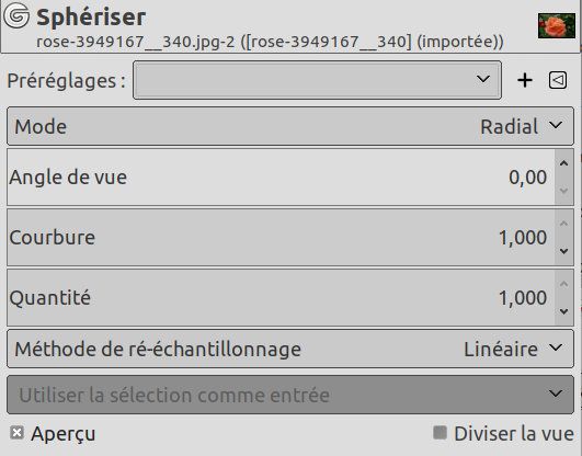 Options du filtre « Sphériser »