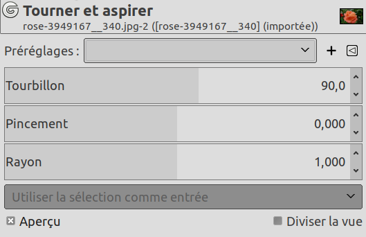 Options du filtre « Tourner et Aspirer »